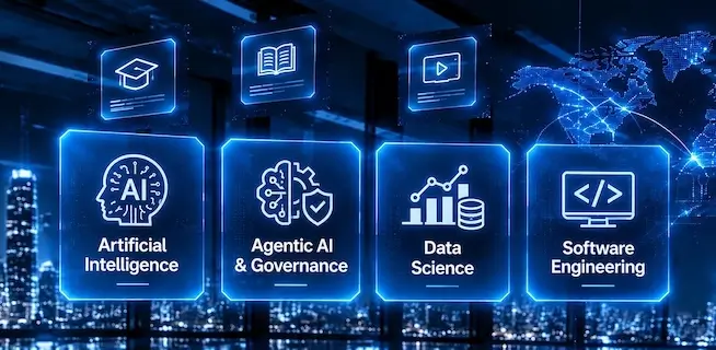 Icons for Artificial Intelligence, Agentic AI and Governance, Data Science, and Software Engineering, the four AIITE Certificate focus areas.
